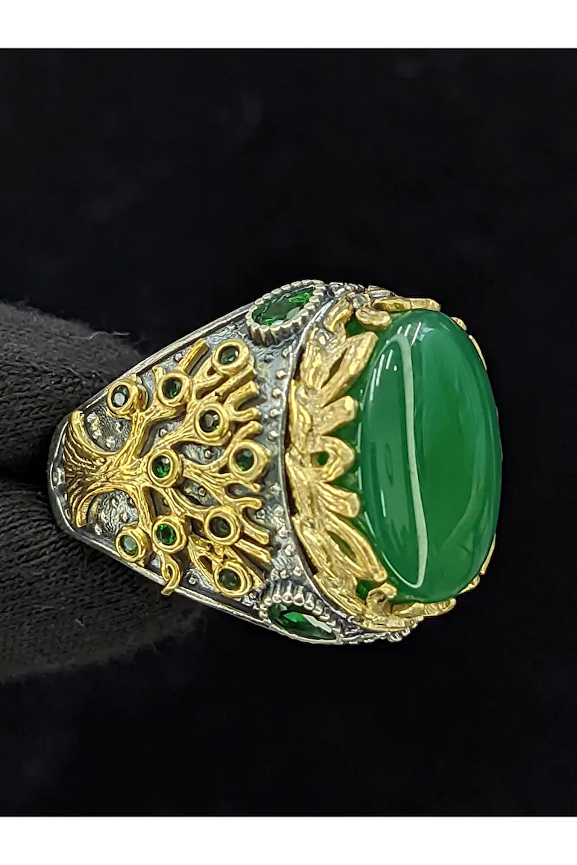 Yaşam Ağacı Modelli  Oval Akik Taşlı 925 Ayar Erkek Gümüş Yüzük