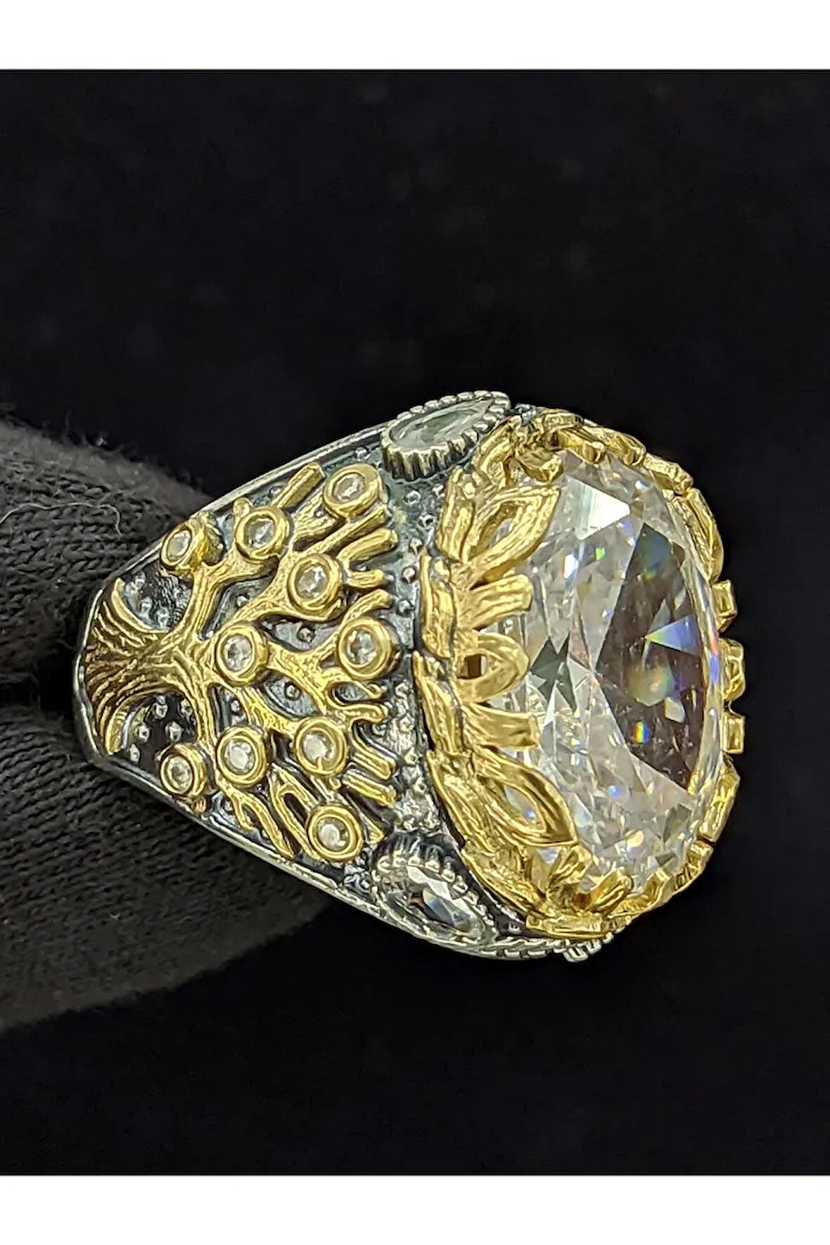 Yaşam Ağacı Modelli  Zirkon Oval Taşlı 925 Ayar Erkek Gümüş Yüzük