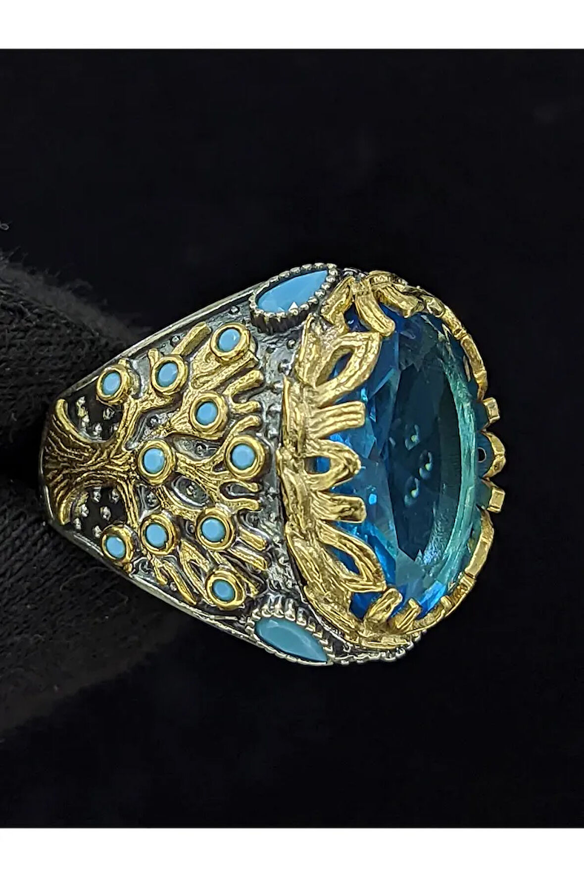 Yaşam Ağacı Modelli  Oval Aqua Marin Taşlı 925 Ayar Erkek Gümüş Yüzük