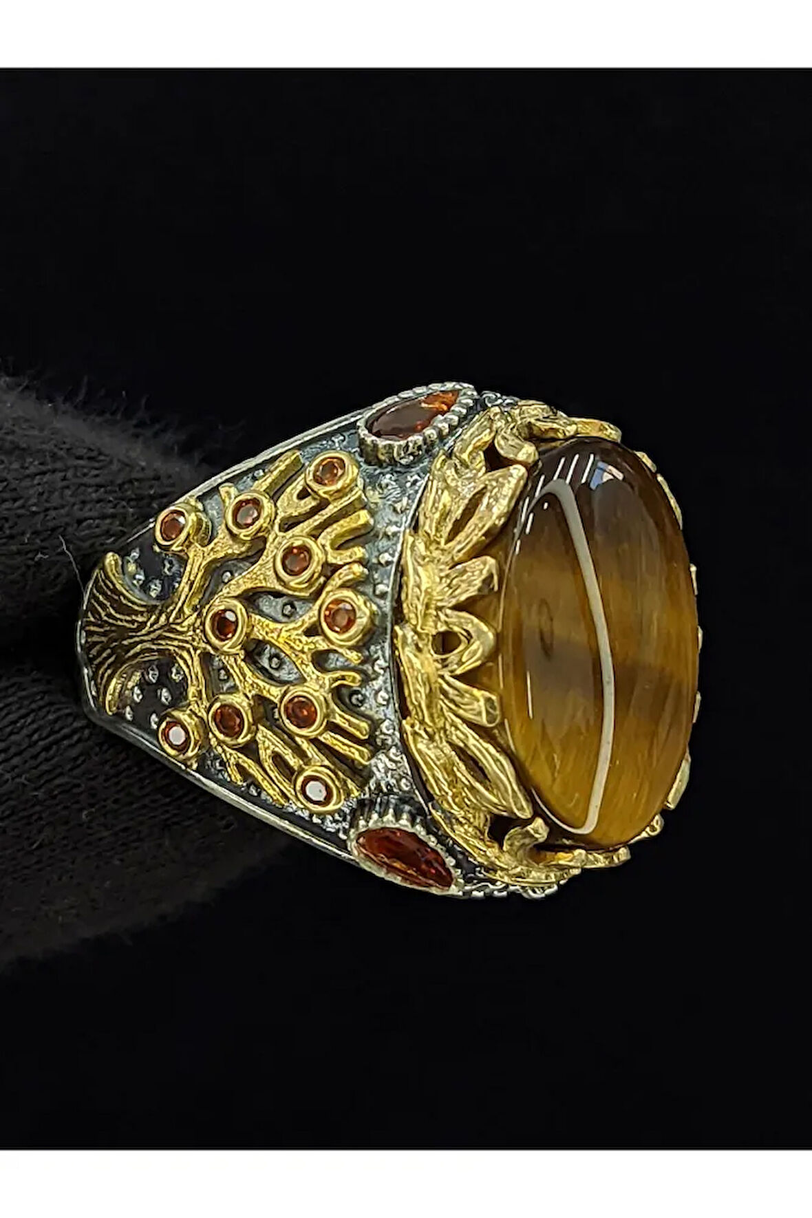 Yaşam Ağacı Modelli   Oval Kaplan Gözü Taşlı 925 Ayar Erkek Gümüş Yüzük