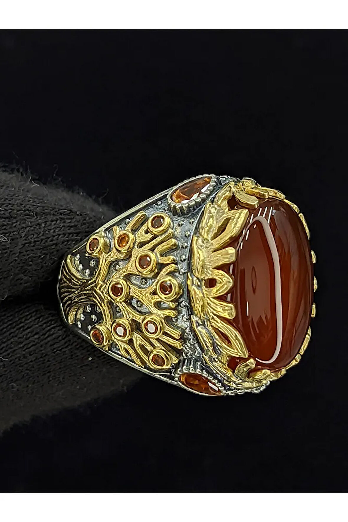 Yaşam Ağacı Modelli   Oval Akik Taşlı 925 Ayar Erkek Gümüş Yüzük