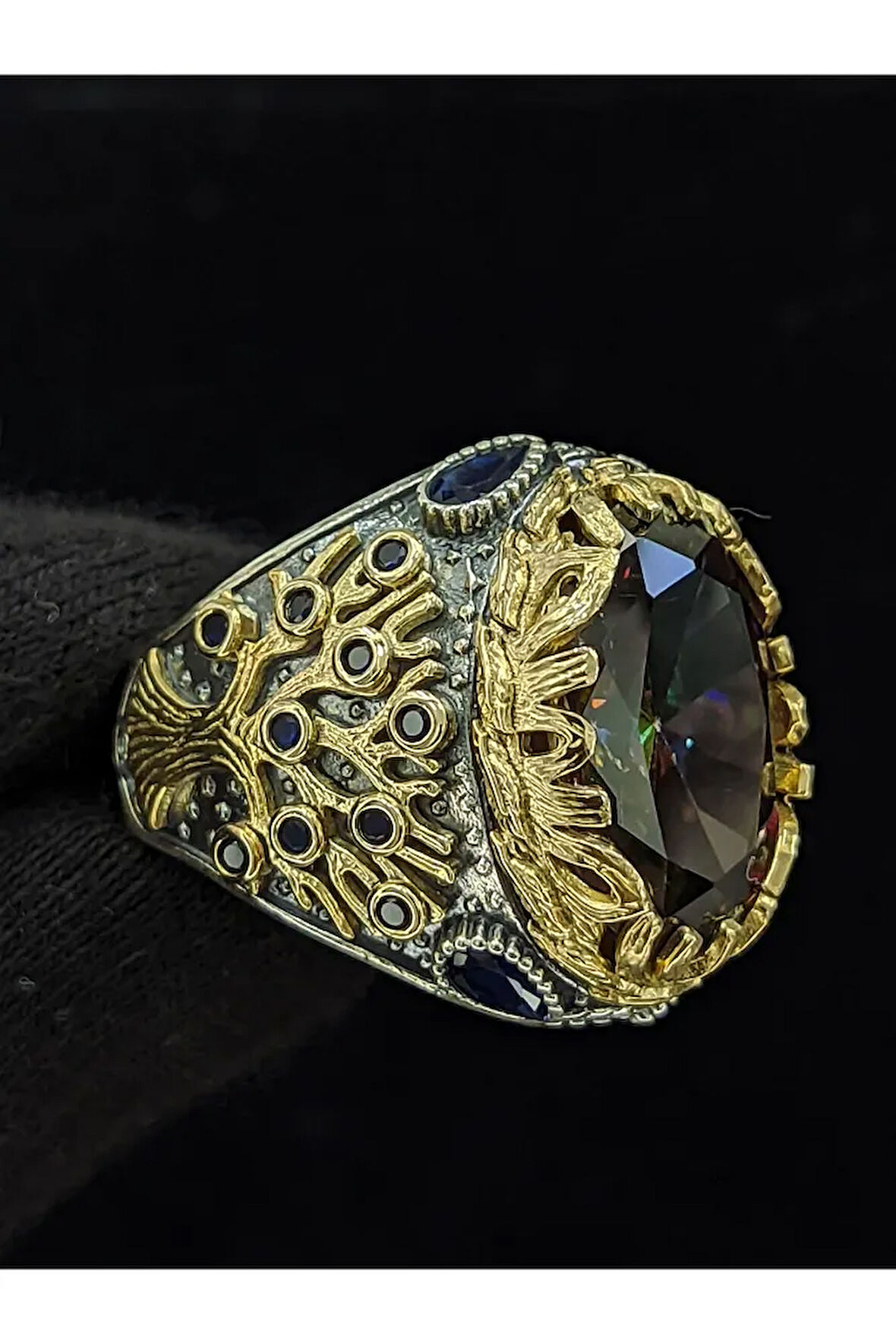 Yaşam Ağacı Modelli   Mistik Topaz Taşlı 925 Ayar Erkek Gümüş Yüzük