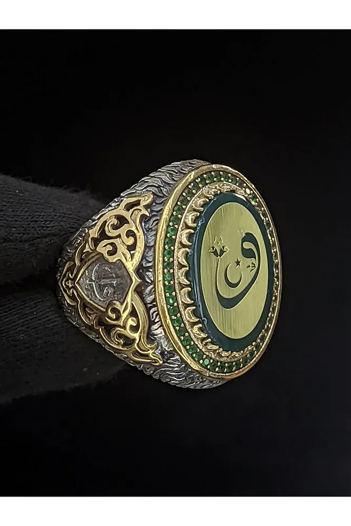 Vav Harfli Taş Detaylı 925 Ayar Gümüş Erkek Yüzük | El Yapımı Zarif Takılar | Benzersiz Tasarım