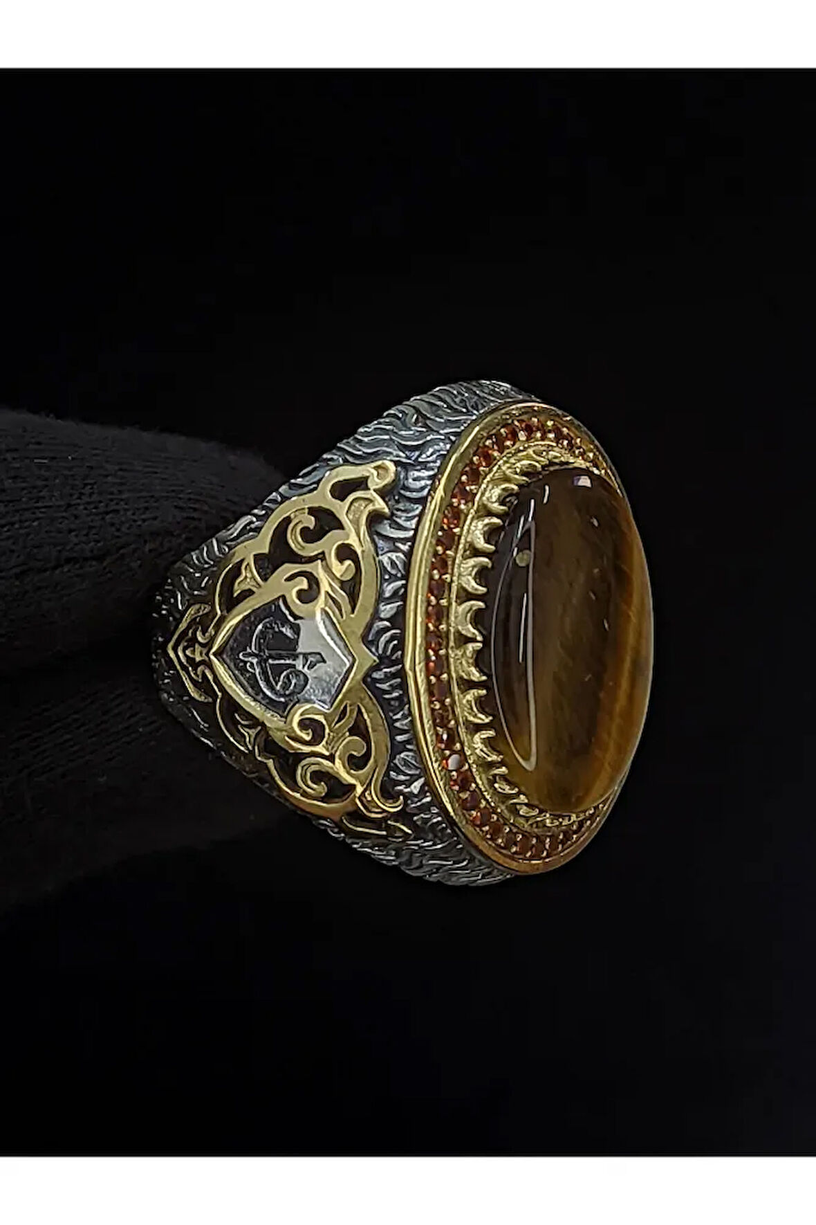 925 Ayar Gümüş Vav Harfli Kaplan Gözü Erkek Yüzük | Detaylı Taş Tasarımı | El Yapımı