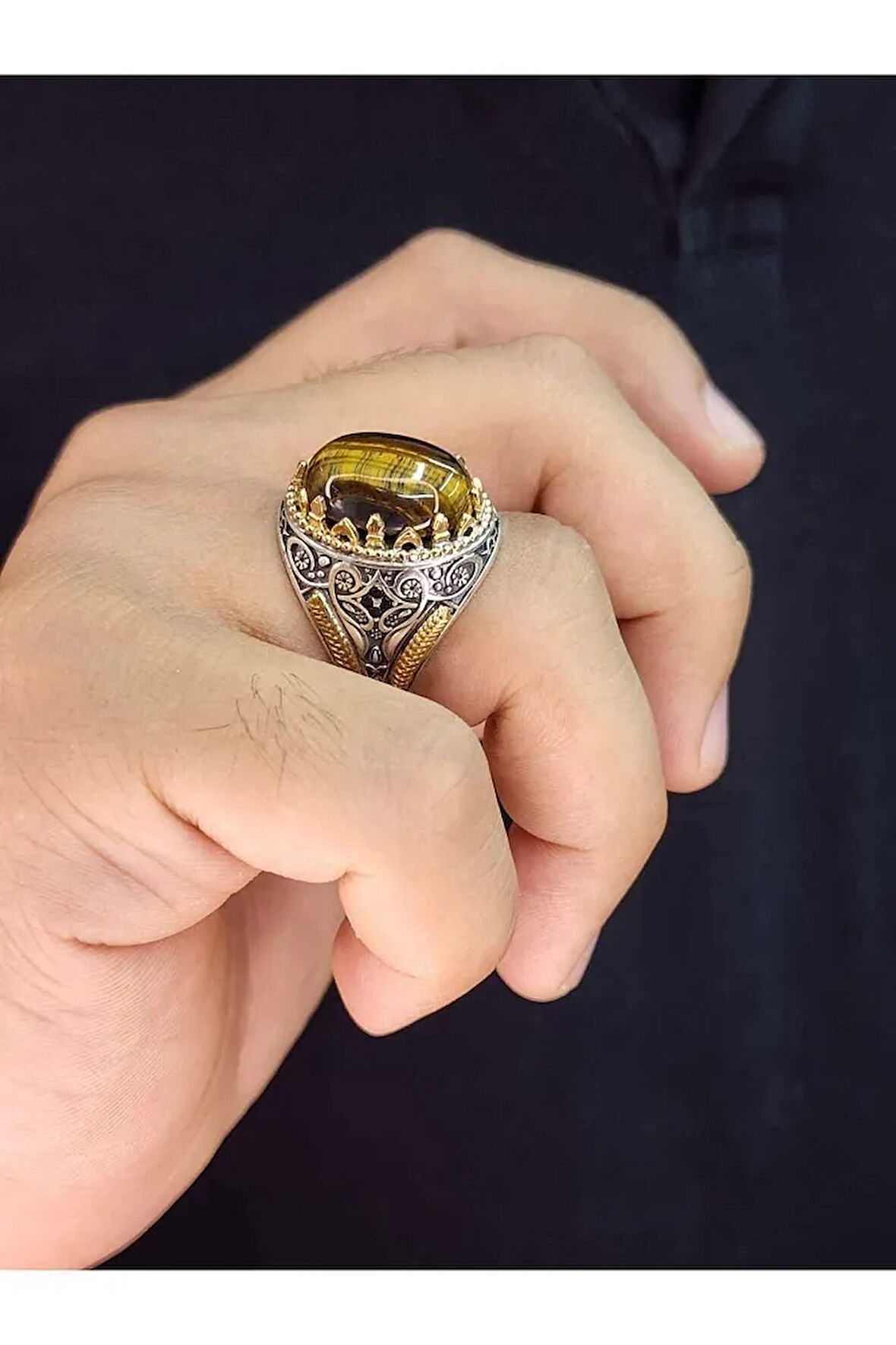 Kaplan Gözü Taşlı 925 Ayar Gümüş Erkek Yüzük