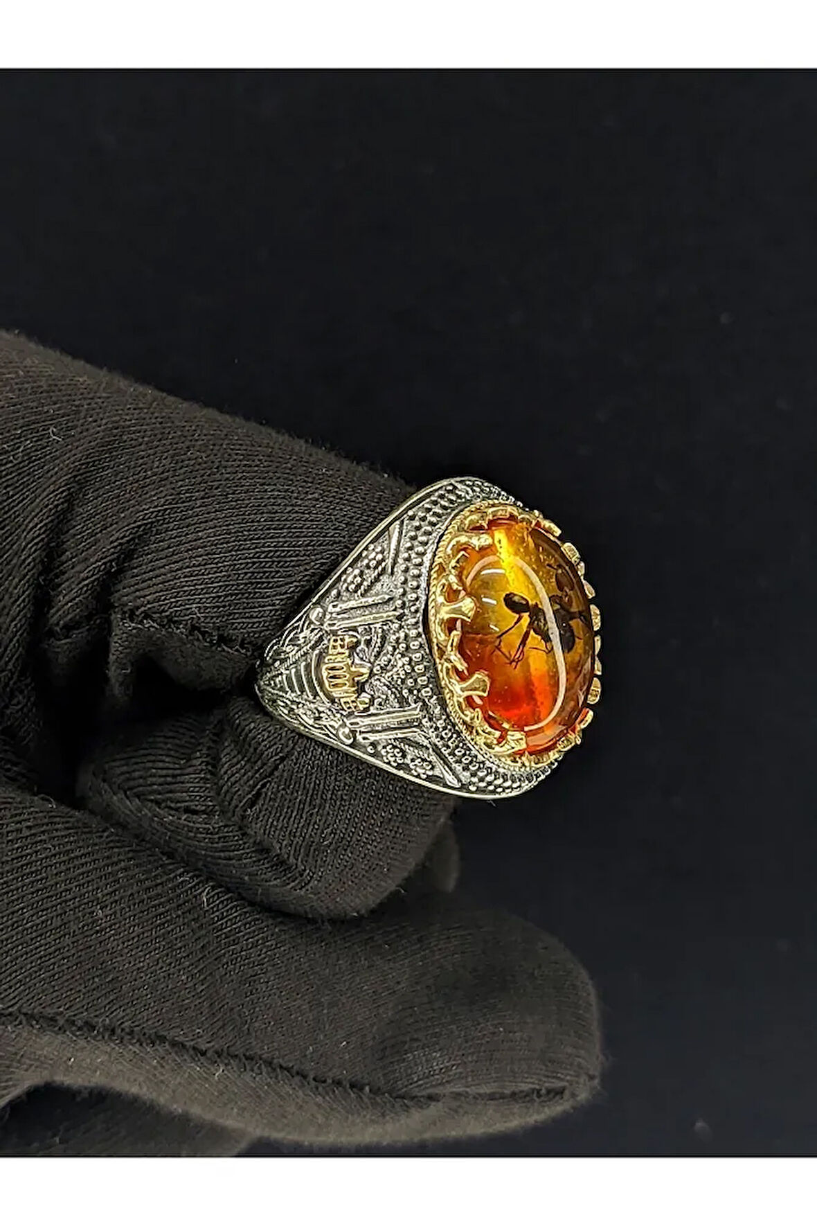 Cami Figürlü Fosil Kehribar Taşlı 925 Ayar Gümüş Yüzük-SN9156