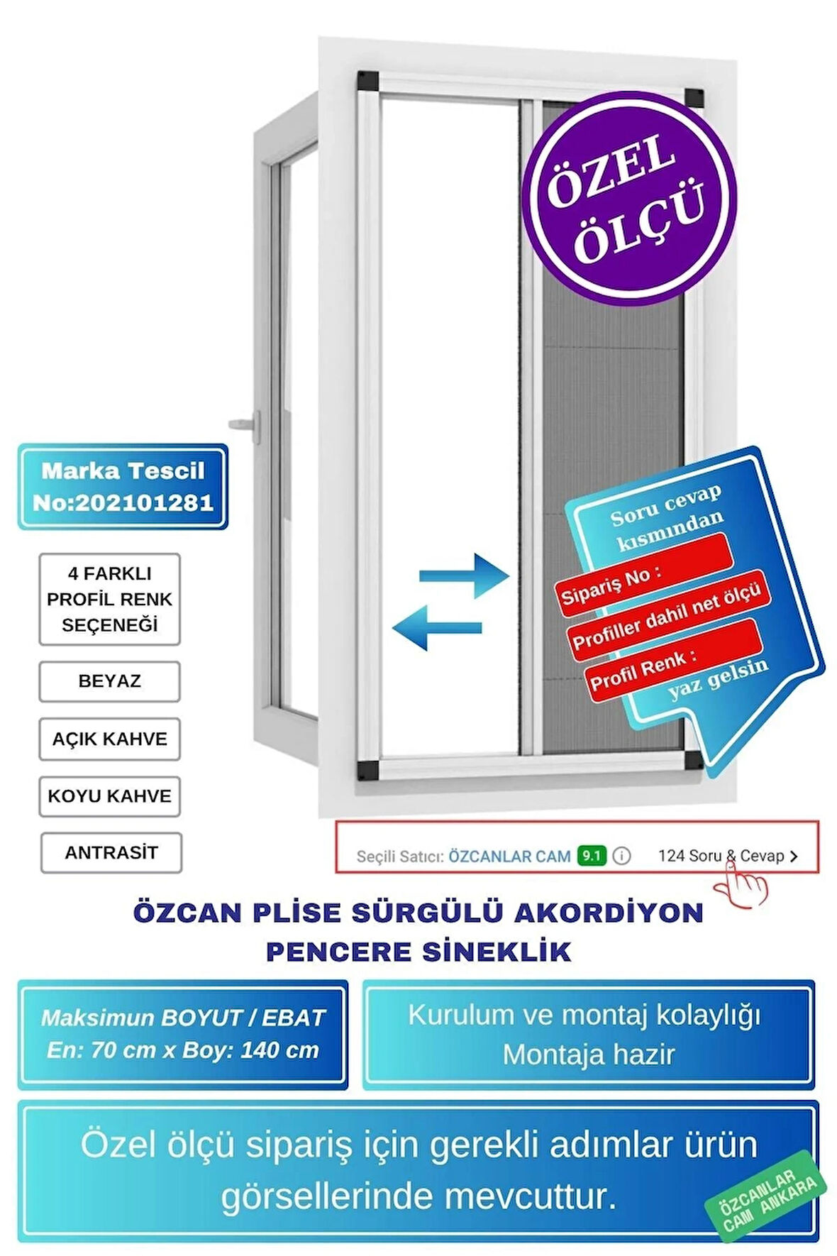 En 0-70 X Boy 0- 140 Cm Plise pileli Pencere Sineklik – Kayar, Akordiyon, Sürgülü Model