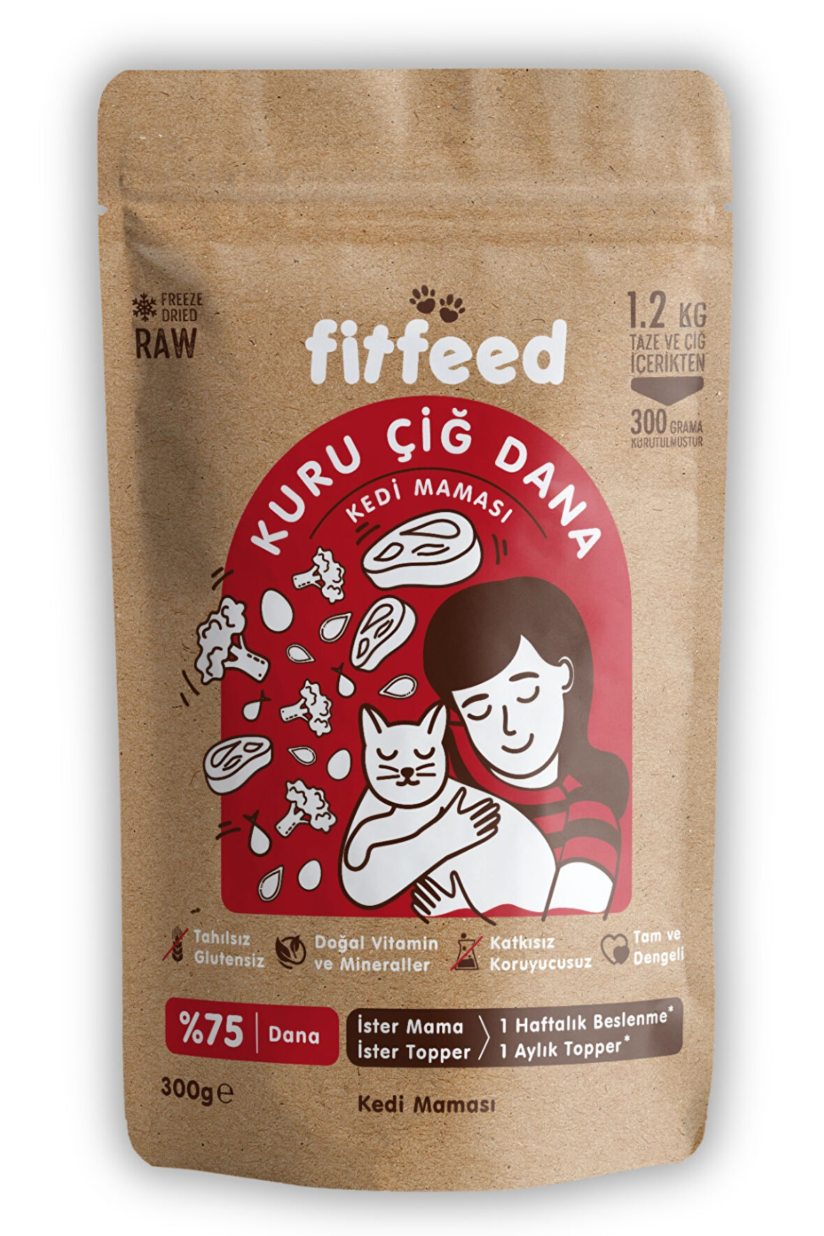 Freeze-Dried Kuru Çiğ Kedi Maması - %75 Dana - 300g