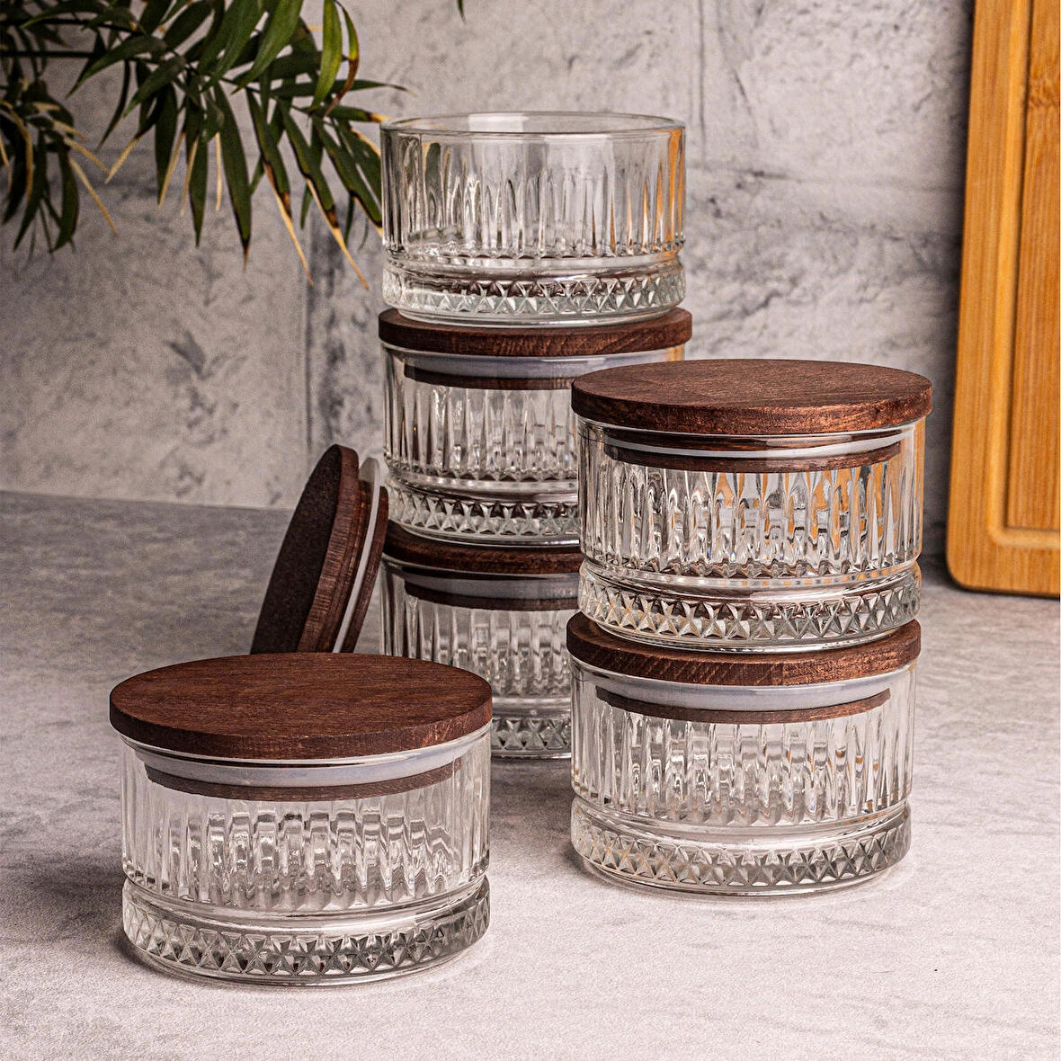 Snippy Bella 6'lı Ahşap Vakumlu Kapaklı Cam Kahvaltılık Çok Amaçlı Cam Çerezlik 235 ml