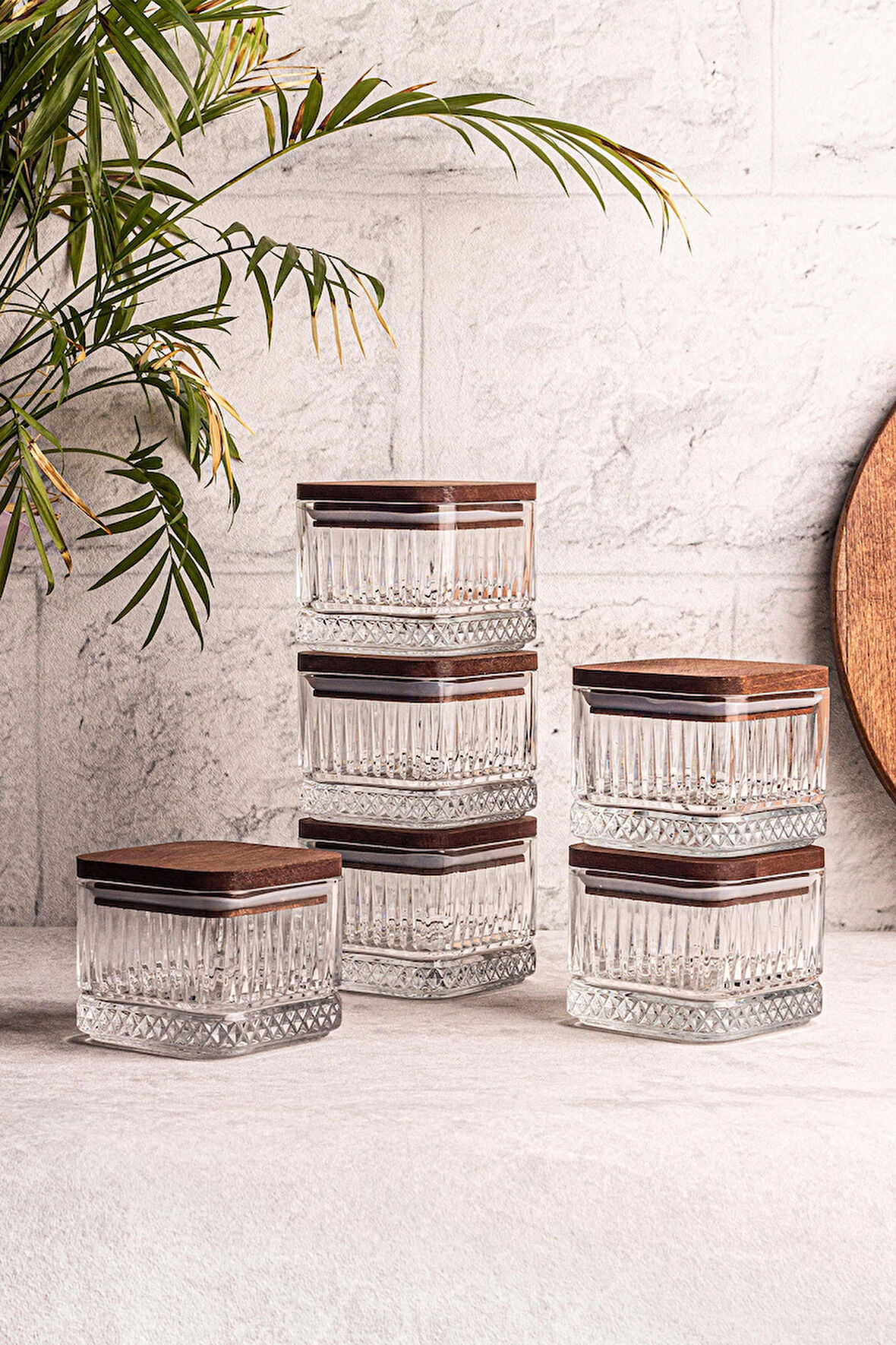 Snippy Bella Kare 6'lı Ahşap Vakumlu Kare Kapaklı Cam Kahvaltılık Çok Amaçlı Cam Çerezlik 230 ml