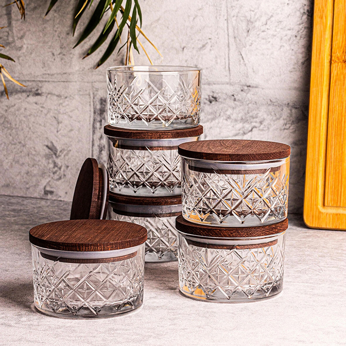 Snippy Milla 6'lı Ahşap Vakumlu Kapaklı Cam Kahvaltılık Çok Amaçlı Cam Çerezlik 230 ml