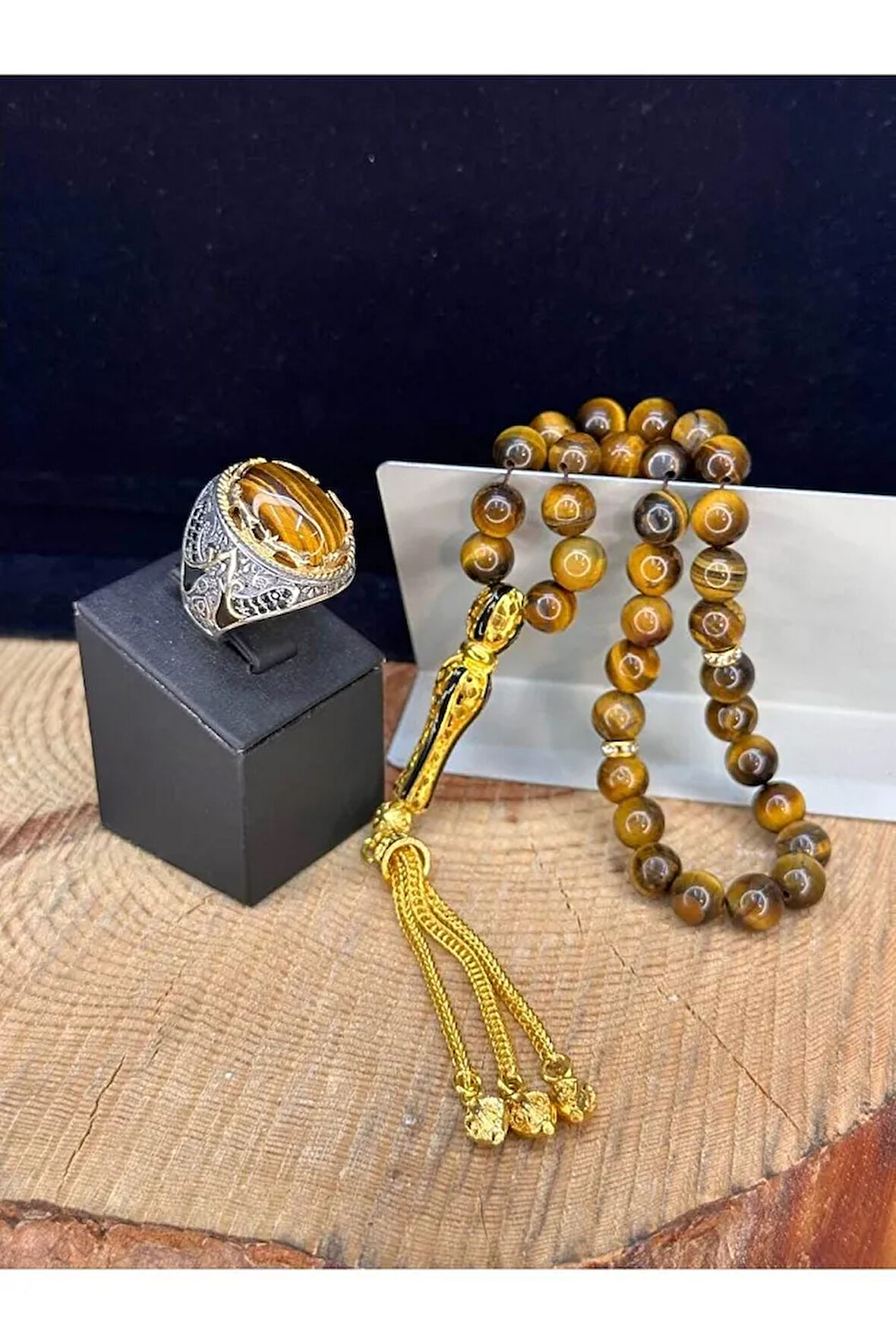 Kaplan Gözü Taşlı 925 Ayar Yüzük Ve Doğal Kaplan Gözü Taşlı Tesbih