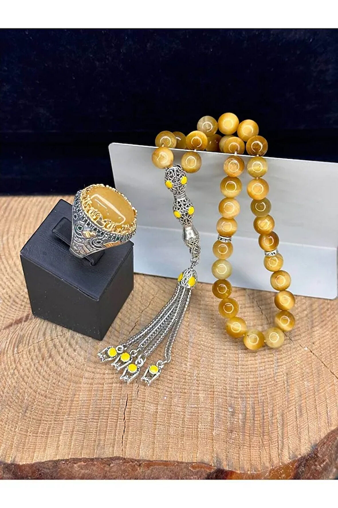 Sarı Yemen Akik Taşlı 925 Ayar Yüzük Ve Yemen Akik Taşlı Tesbih