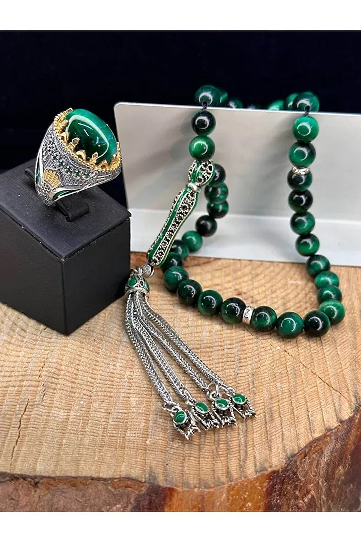 Yeşil Kaplan Gözü Taşlı Yüzük Ve Yeşil Kaplan Gözlü Tesbih Seti