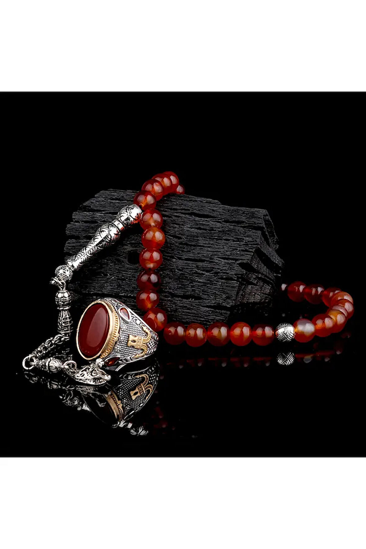 925 Ayar Gümüş Erkek Yüzük Akik Taşlı & Doğal Akik Taşlı Tesbih