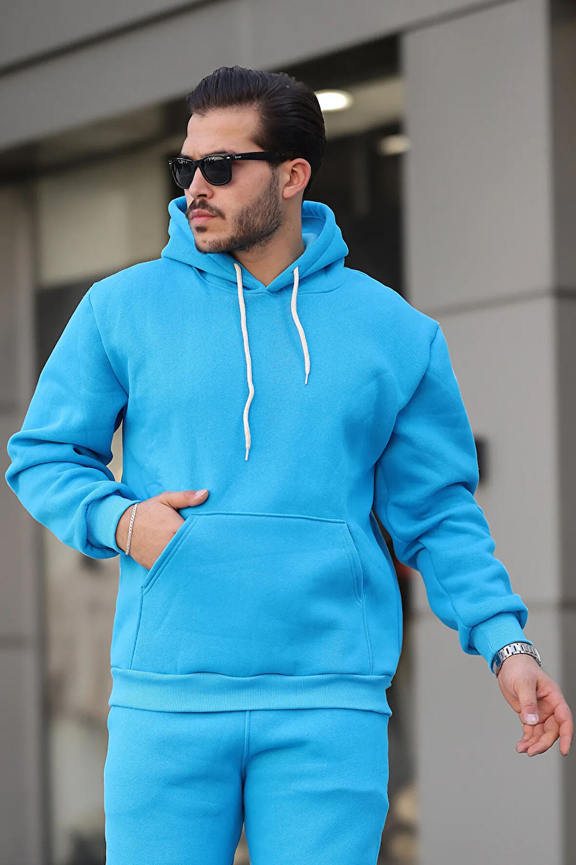 Erkek Üç İplik Şardonlu İçi Polar Baskısız Kapüşonlu Kanguru Cep Sweatshirt Basic Hoodie