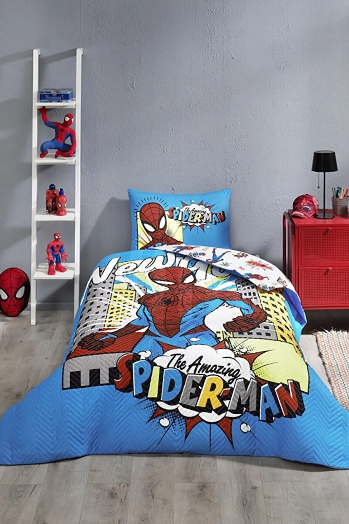 Spiderman Newyork Tek Kişilik Disney Lisanslı Kapitone Çocuk Nevresim Mavi (lastikli Çarşaf)