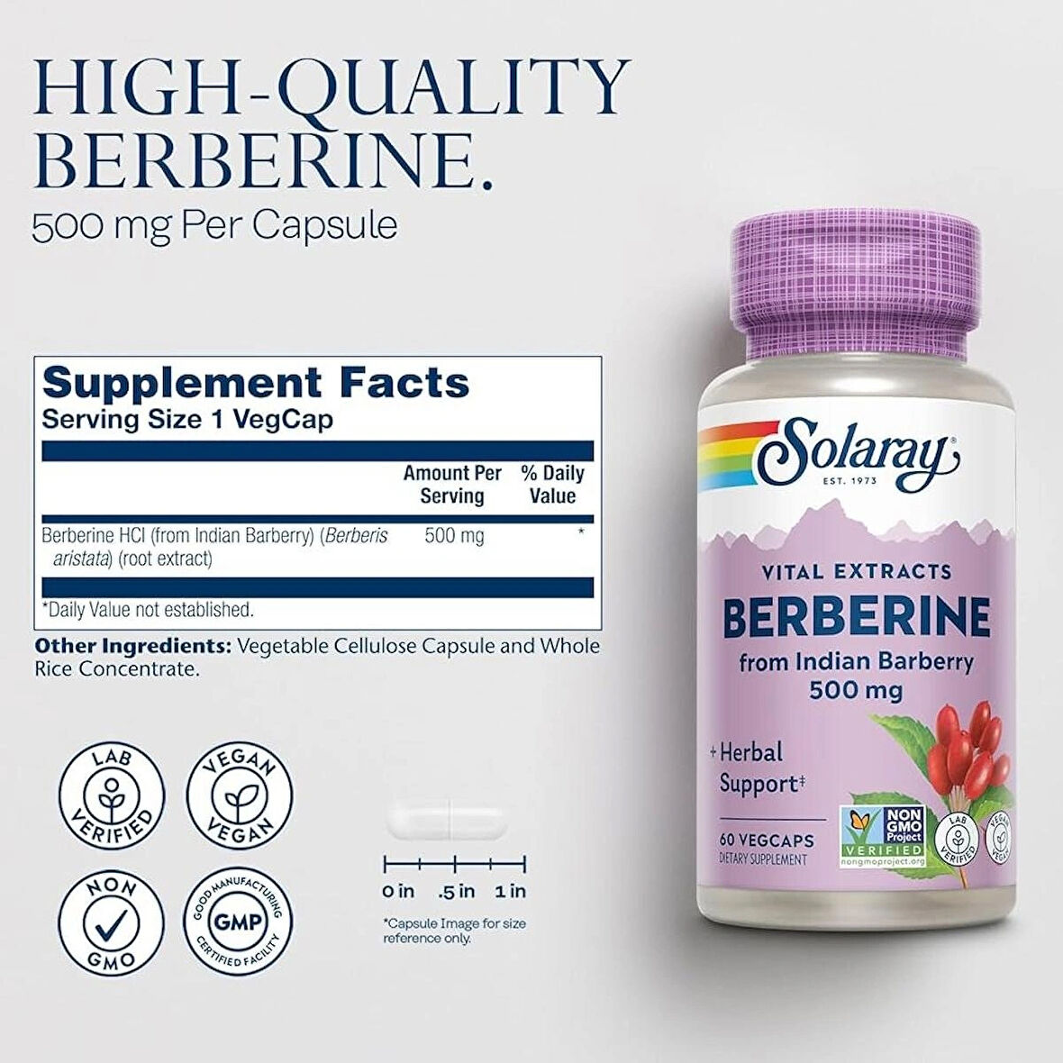 Solaray, Vital Extracts, Berberine, 500 mg, 60 VegCaps