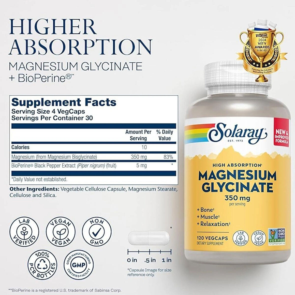 Solaray High Absorption Magnesium Glycinate 350 mg 120 Vegetable-Based Caps