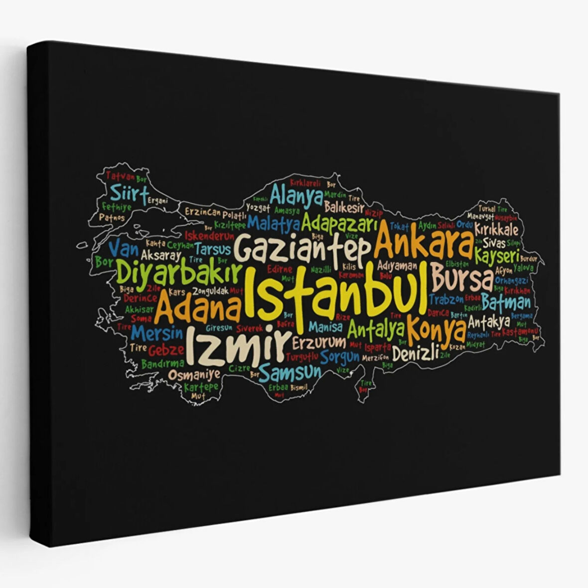 Siyah Zeminde İl İsimleri Tema Renkli Türkiye Haritası Dekoratif Kanvas Tablo, Duvar Dekoru 1005