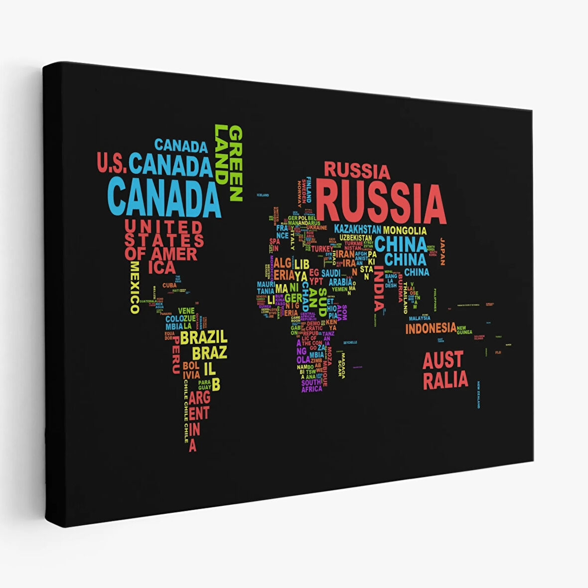 Siyah Zemin İngilizce Ülke İsimli Dünya Haritası Dekoratif Kanvas Tablo, Duvar Dekoru 1015