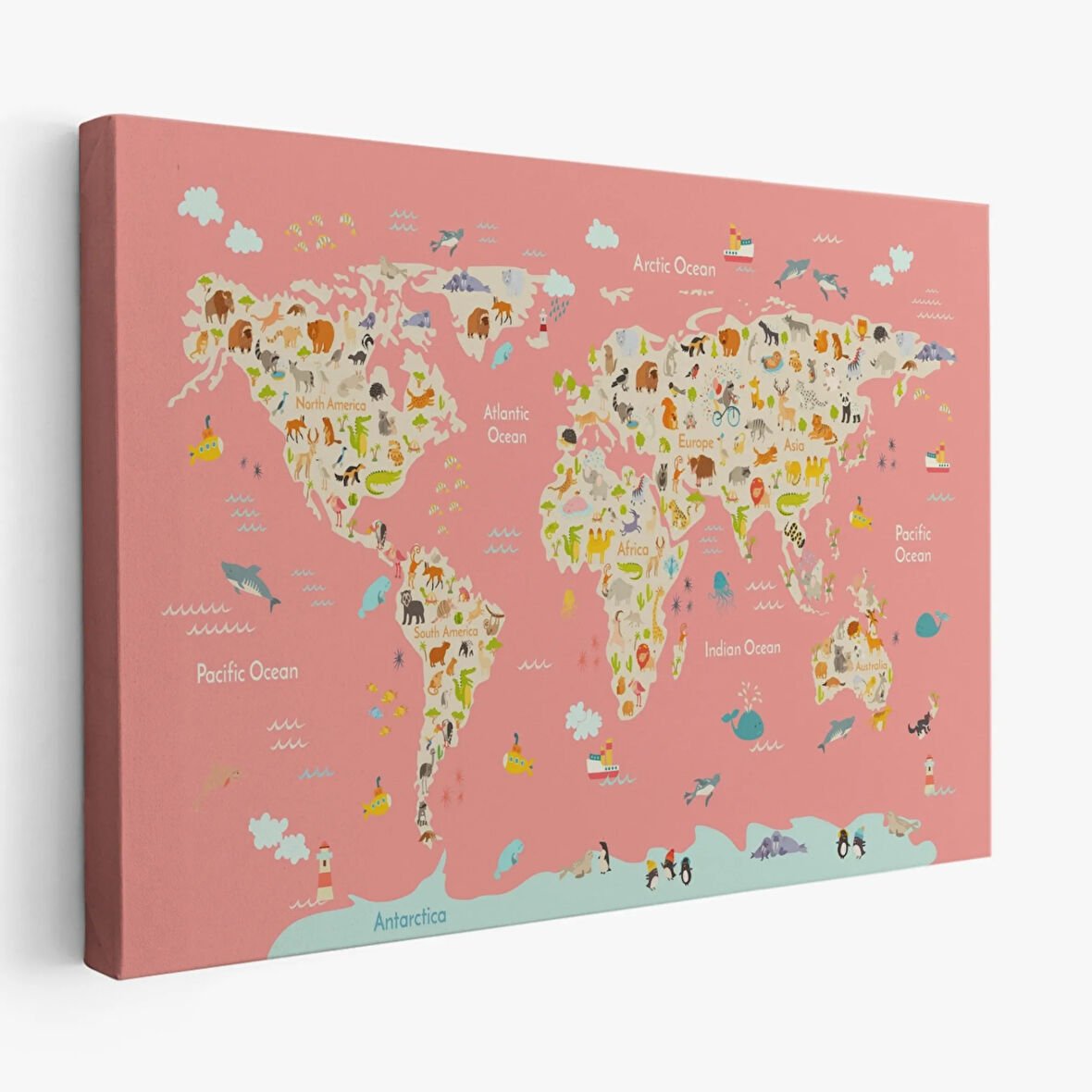 Pembe Zemin Hayvan Temalı Dünya Haritası Çocuk Odası Dekoratif Kanvas Tablo, Duvar Dekoru 1045