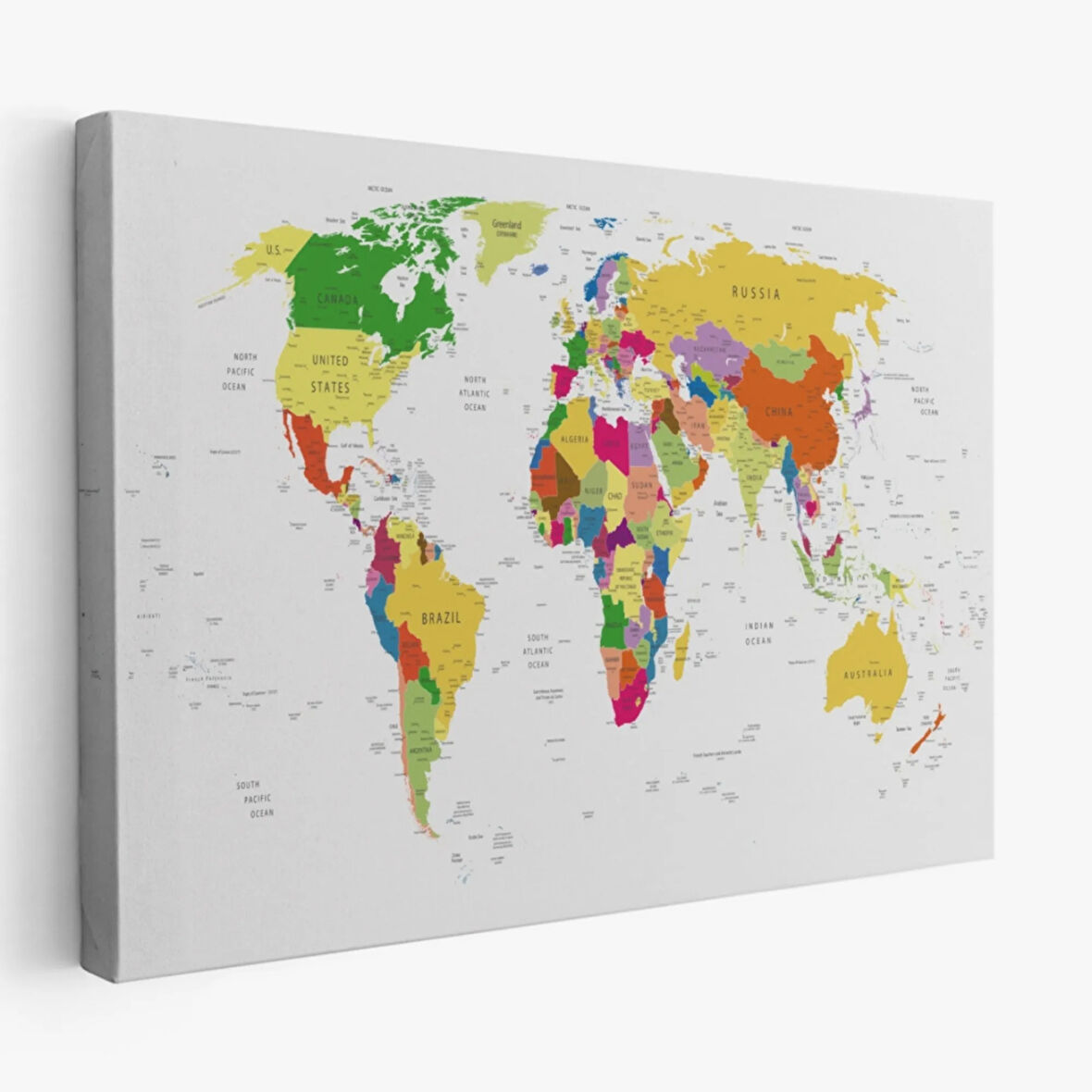 Renkli İngilizce Ayrıntılı Dünya Haritası Dikdörtgen Dekoratif Kanvas Tablo, Duvar Dekoru 1059