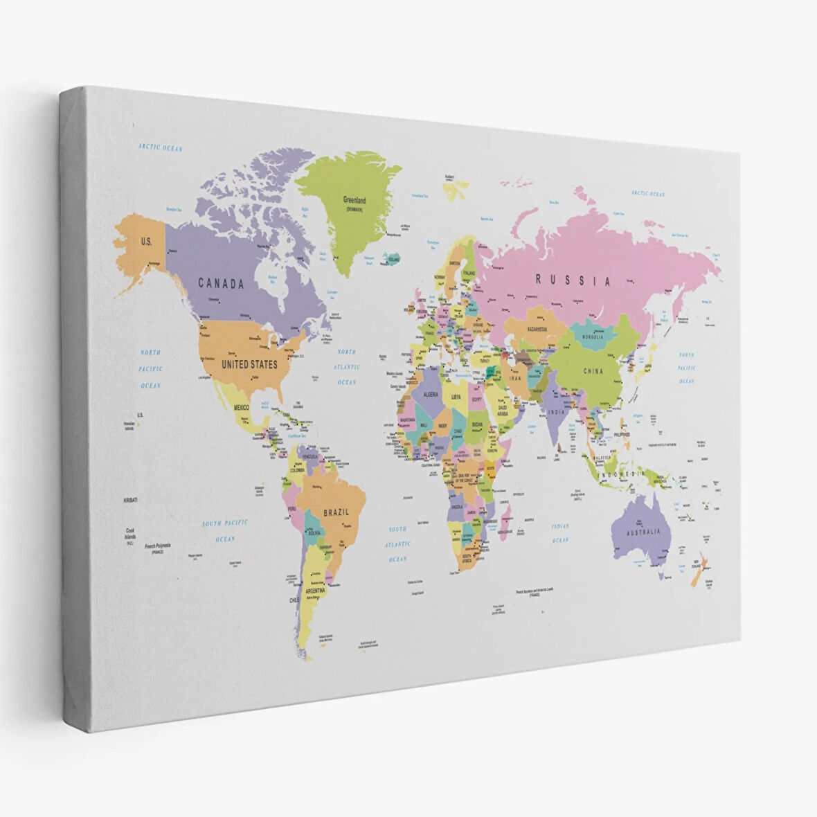 Soft Renkler İngilizce Dünya Haritası Renkli Dekoratif Kanvas Tablo, Duvar Dekoru 1064