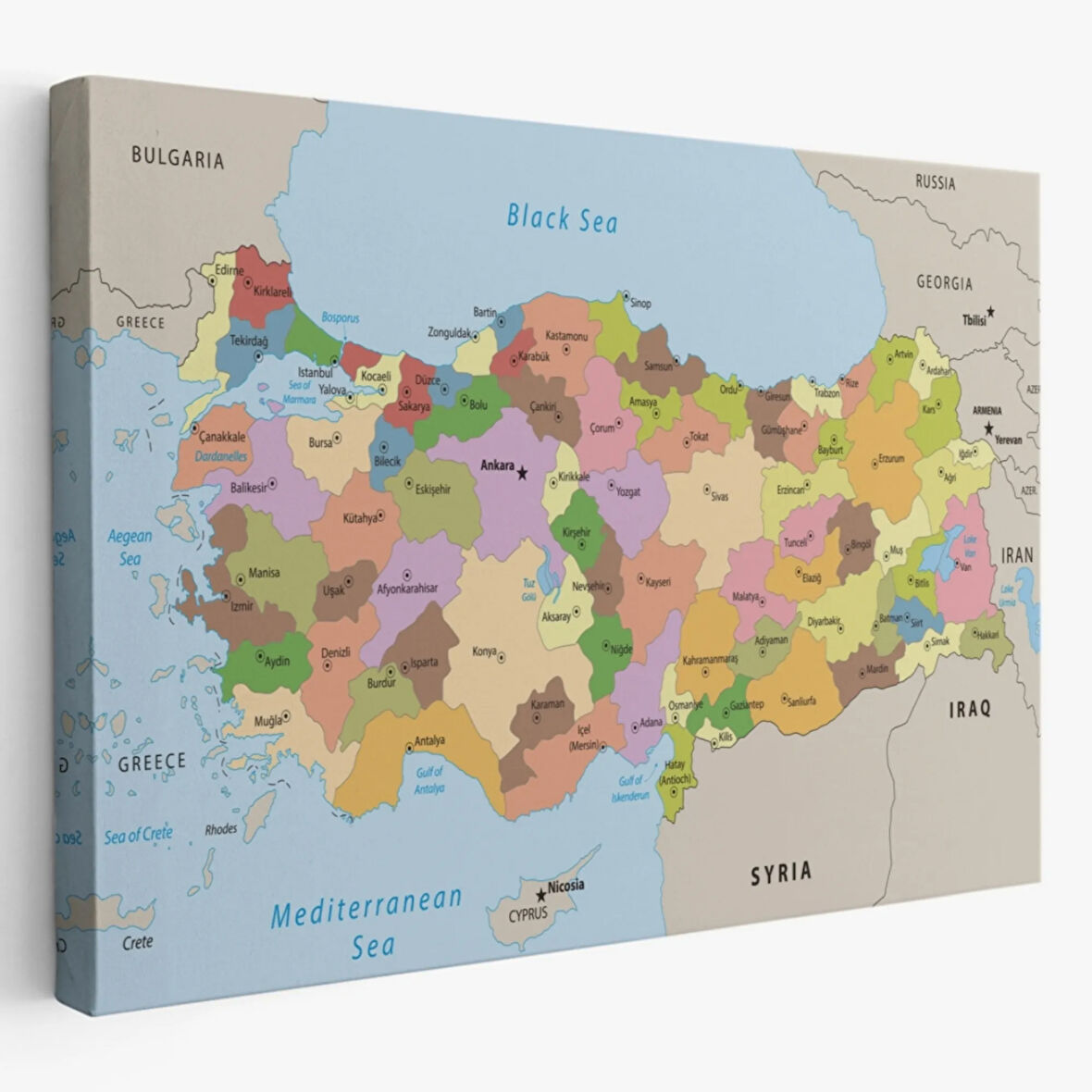Komşu Ülkeli İngilizce Türkiye Haritası Dekoratif Kanvas Tablo, Duvar Dekoru 1067