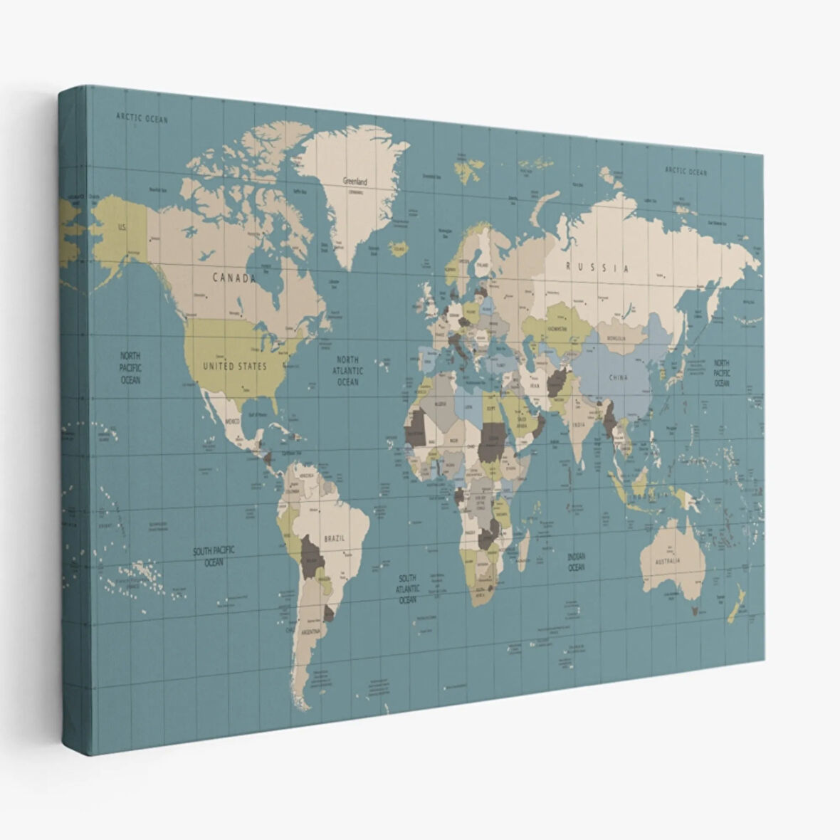 Meridyenli Soft Renkler İngilizce Dünya Haritası Dekoratif Kanvas Tablo, Duvar Dekoru 1070