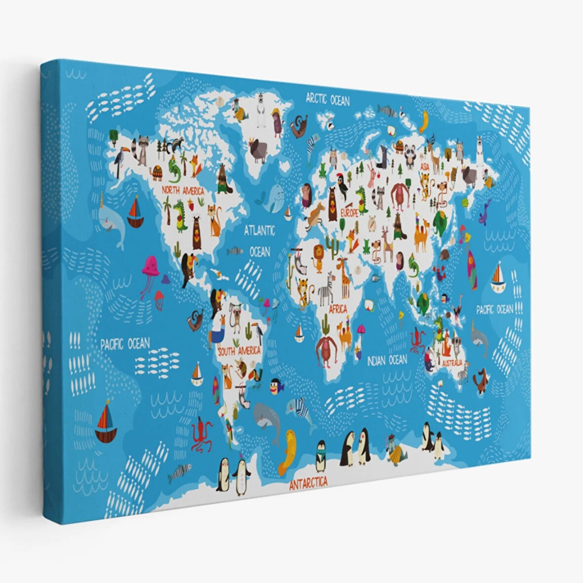 Hayvan Tema Renkli İngilizce Dünya Haritası Çocuk Odası Dekoratif Kanvas Tablo, Duvar Dekoru 1074