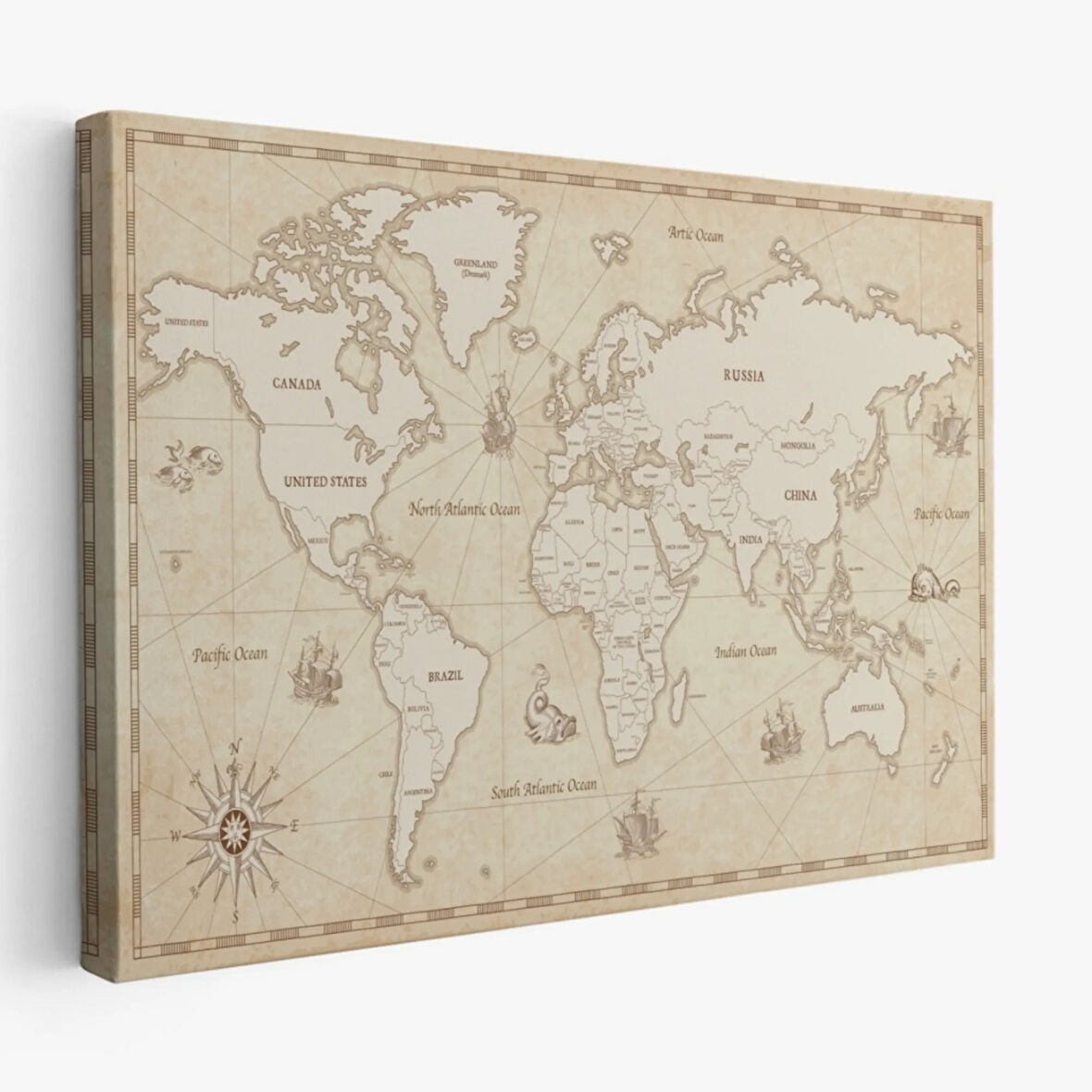 Eskitme Vintage İngilizce Dünya Haritası Fantastik Dekoratif Kanvas Tablo, Duvar Dekoru 1075