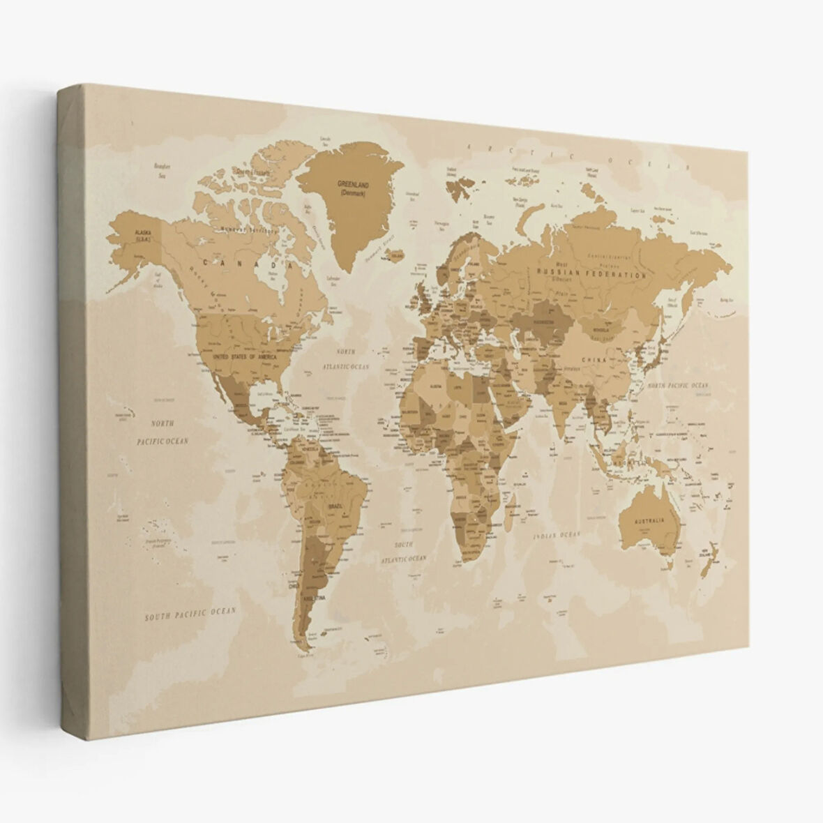 Kahverengi Ton İngilizce Dünya Haritası Dekoratif Kanvas Tablo, Duvar Dekoru 1086