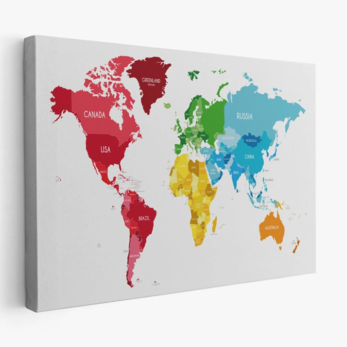 Kıtalara Göre Renkli İngilizce Dünya Haritası Dekoratif Kanvas Tablo, Duvar Dekoru 1090