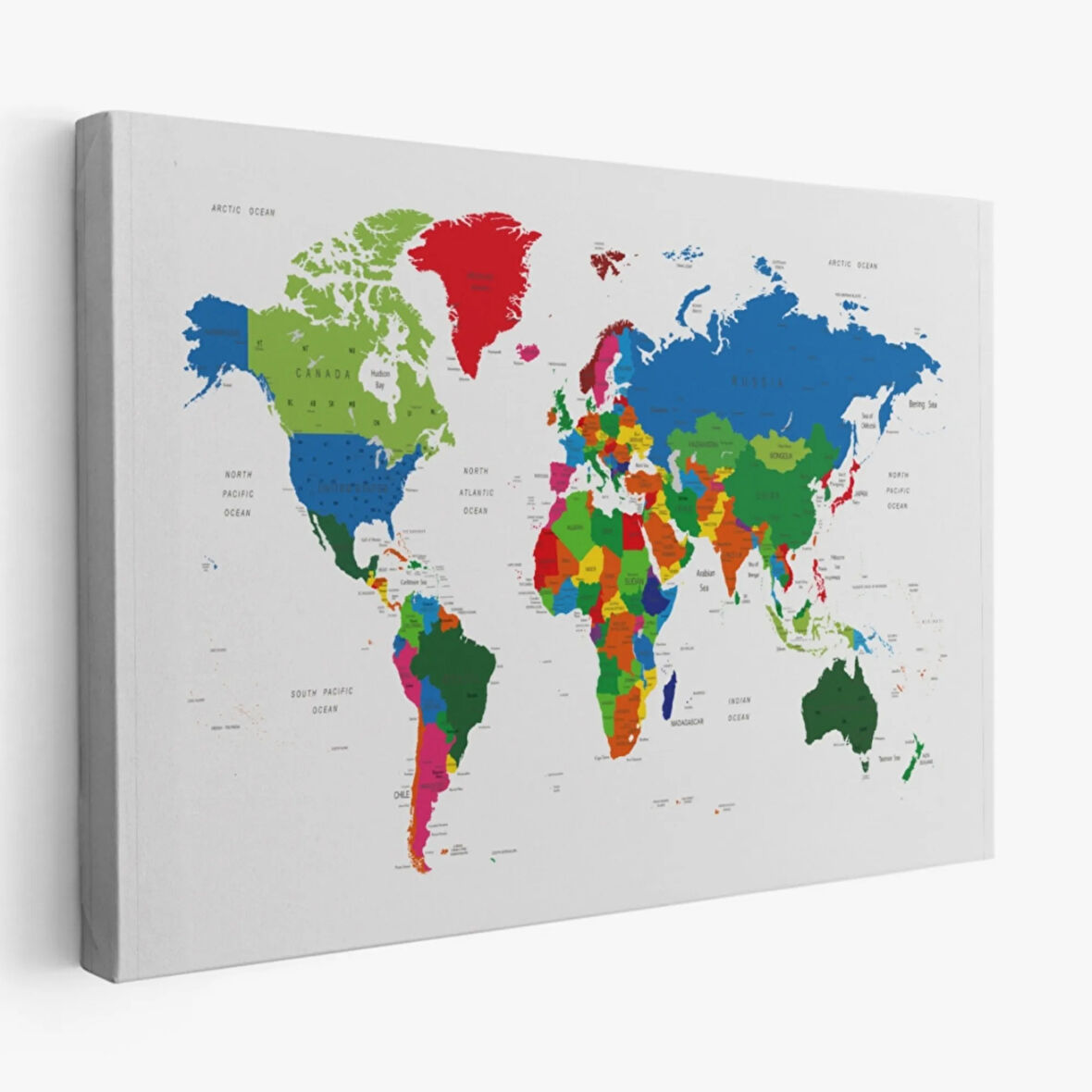 Beyaz Zemin Canlı Renkler İngilizce Dünya Haritası Dekoratif Kanvas Tablo, Duvar Dekoru 1097