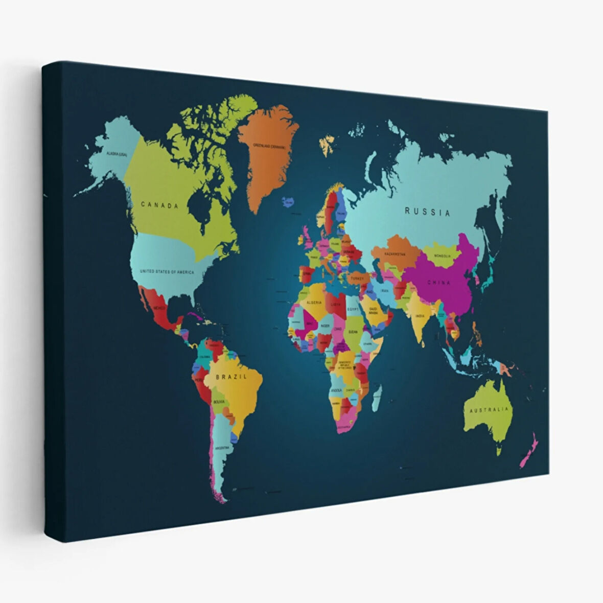 Koyu Mavi Zemin İngilizce Dünya Haritası Dekoratif Kanvas Tablo, Duvar Dekoru 1098