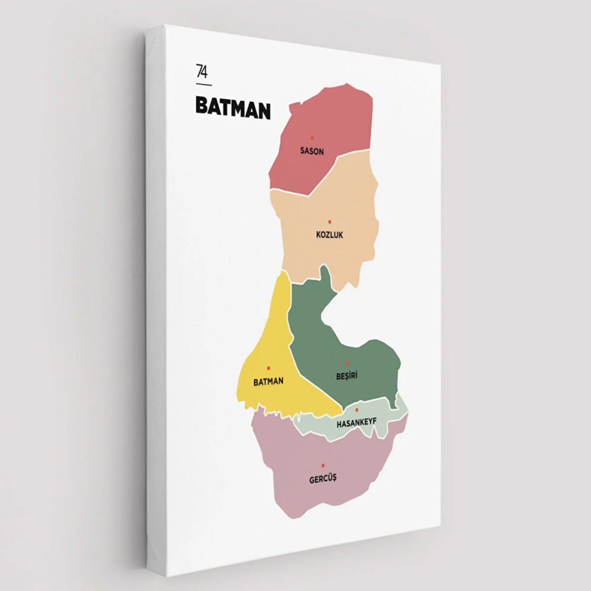 İl ve İlçeler Haritası Batman, Modern Dekoratif Kanvas Tablo, Duvar Dekoru 1286