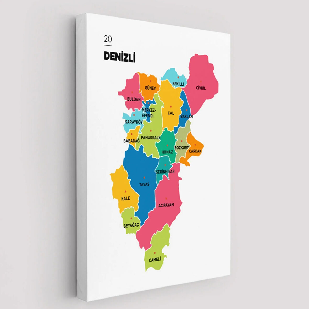 İl ve İlçeler Haritası Denizli, Modern Dekoratif Kanvas Tablo, Duvar Dekoru 1318