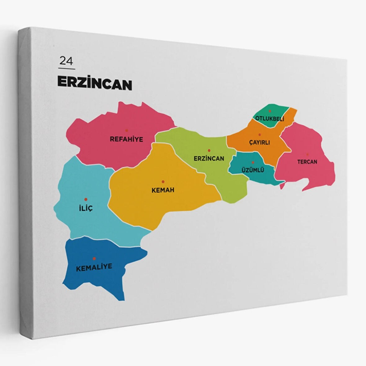 İl ve İlçeler Haritası Erzincan, Modern Dekoratif Kanvas Tablo, Duvar Dekoru 1333