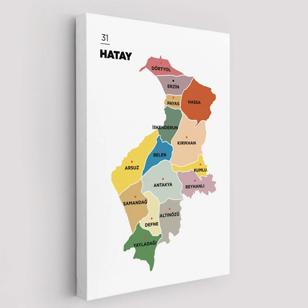 İl ve İlçeler Haritası Hatay, Modern Dekoratif Kanvas Tablo, Duvar Dekoru 1355