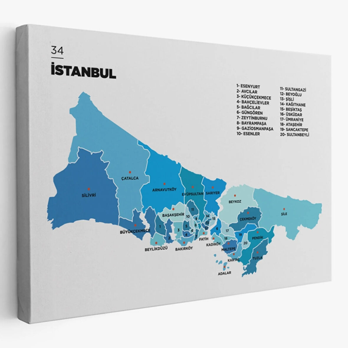 İstanbul İli ve İlçeler Haritası Dikdörtgen Dekoratif Kanvas Tablo, Duvar Dekoru 1366