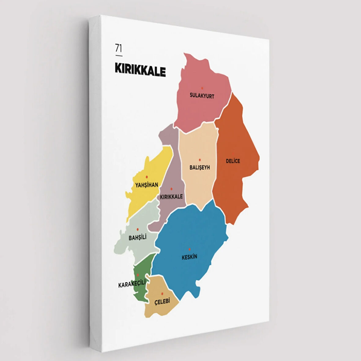 İl ve İlçeler Haritası Kırıkkale, Modern Dekoratif Kanvas Tablo, Duvar Dekoru 1392