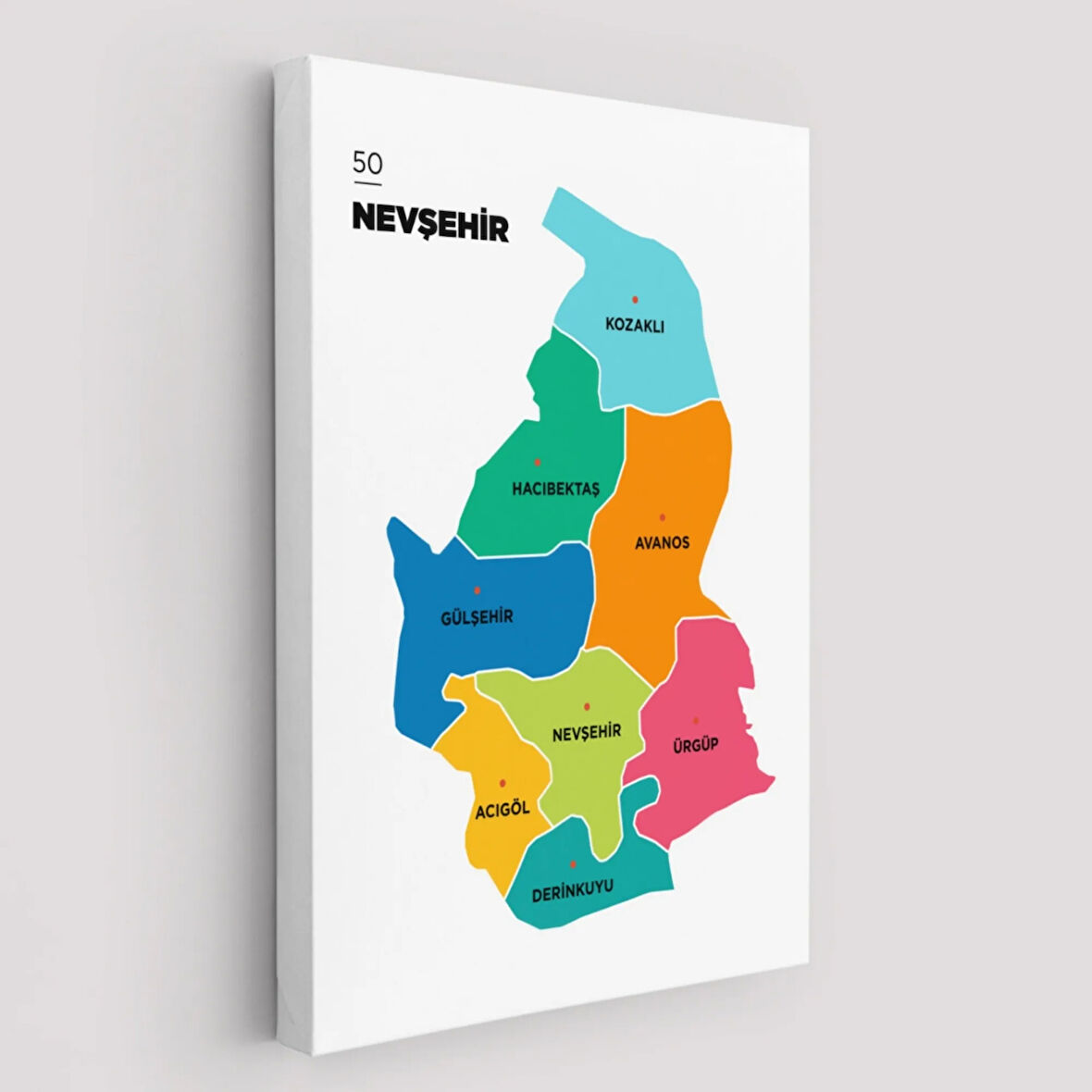 İl ve İlçeler Haritası Nevşehir, Modern Dekoratif Kanvas Tablo, Duvar Dekoru 1427
