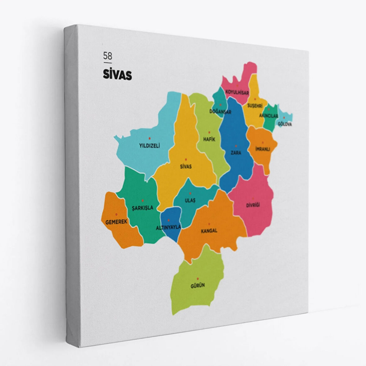 İl ve İlçeler Haritası Sivas, Modern Dekoratif Kanvas Tablo, Duvar Dekoru 1454