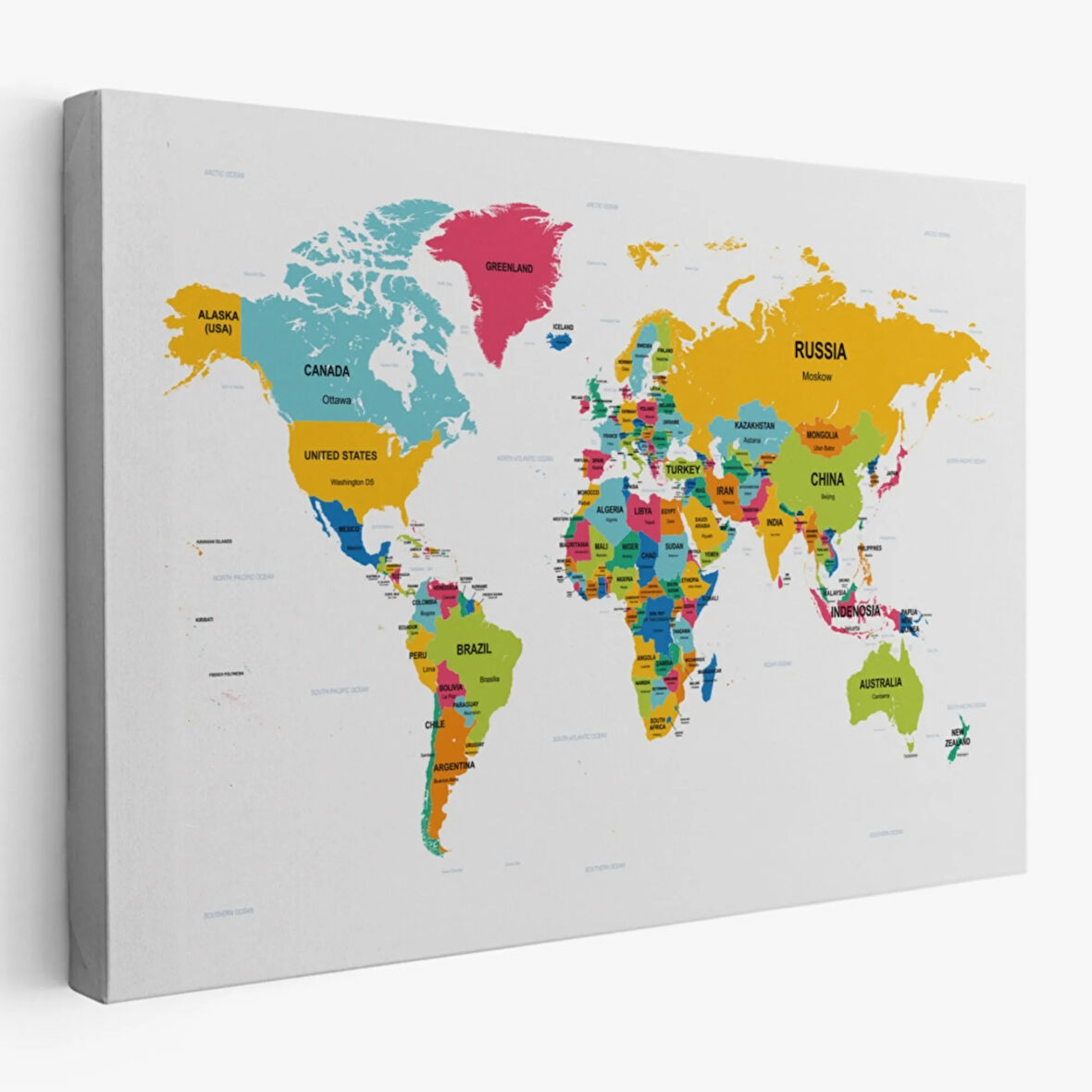Ülke ve Başkentli İngilizce Dünya Haritası, Harita Dekoratif Kanvas Tablo, Duvar Dekoru 1543