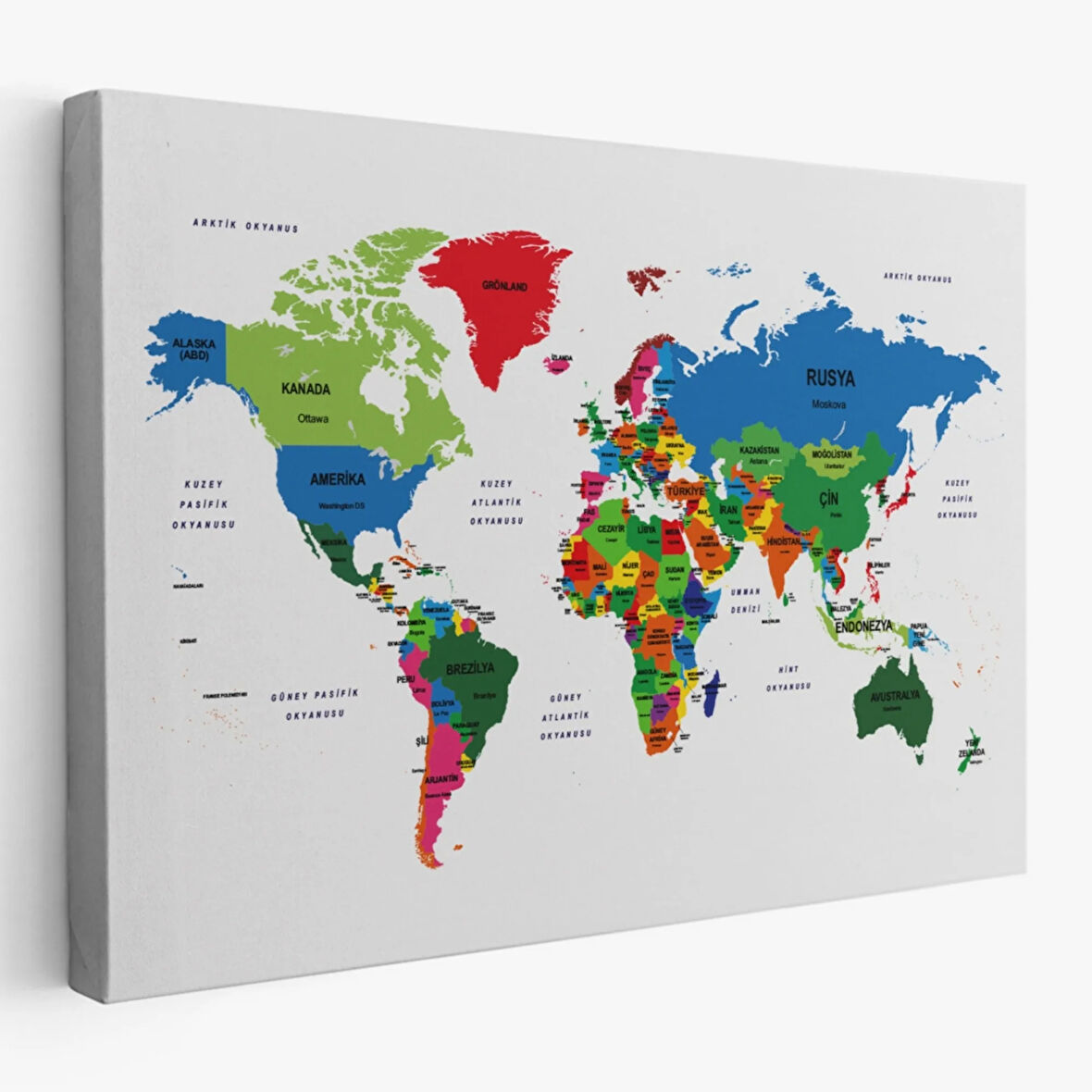 Ülke ve Başkentli Türkçe Dünya Haritası, Harita Dekoratif Kanvas Tablo, Duvar Dekoru 1556
