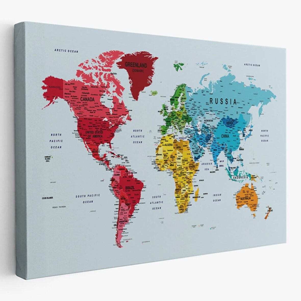 Renkli Zeminli Detaylı İngilizce Dünya Haritası, Harita Dekoratif Kanvas Tablo, Duvar Dekoru 1700