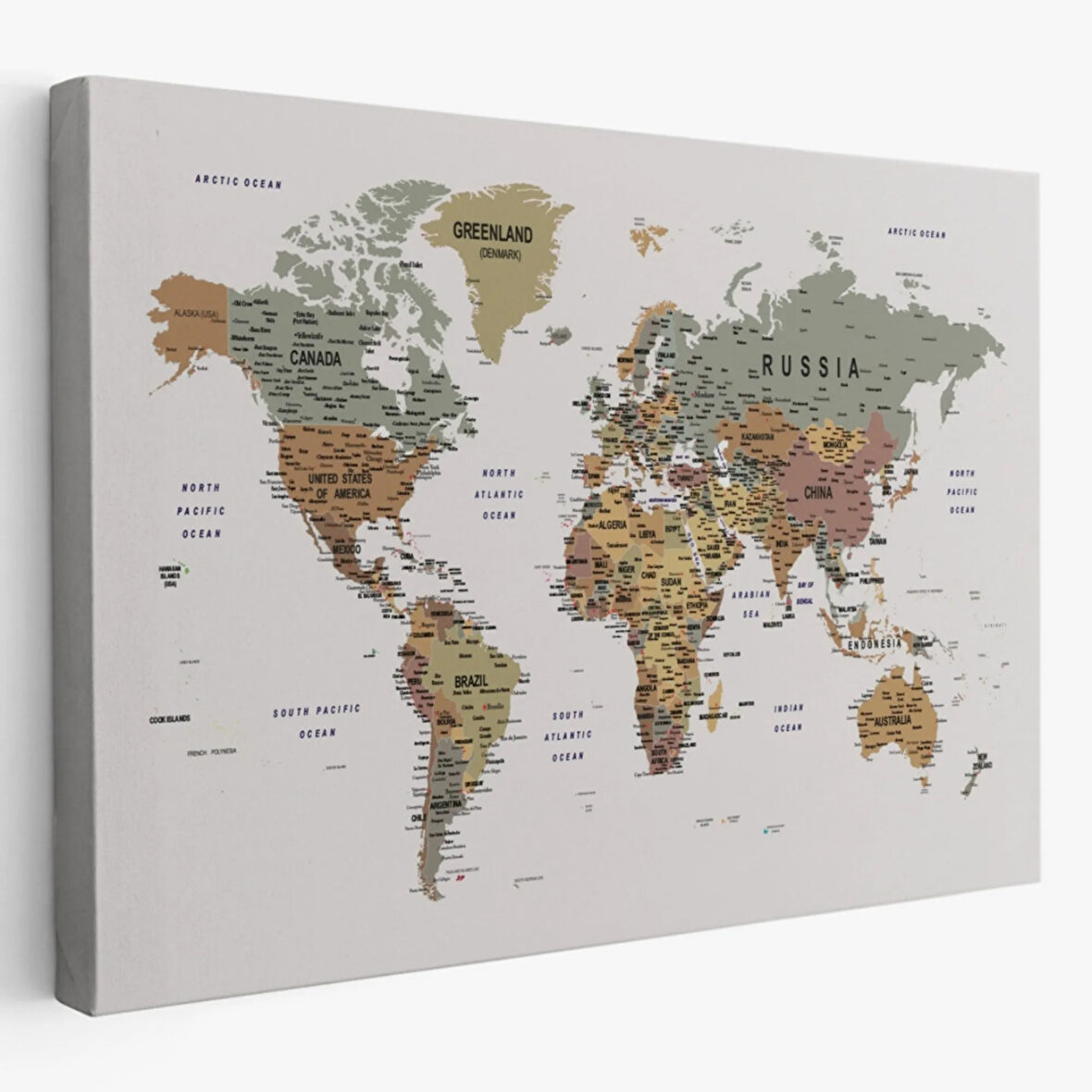 Detaylı Eğitici İngilizce Dünya Haritası Renkli Dekoratif Kanvas Tablo, Duvar Dekoru 1702
