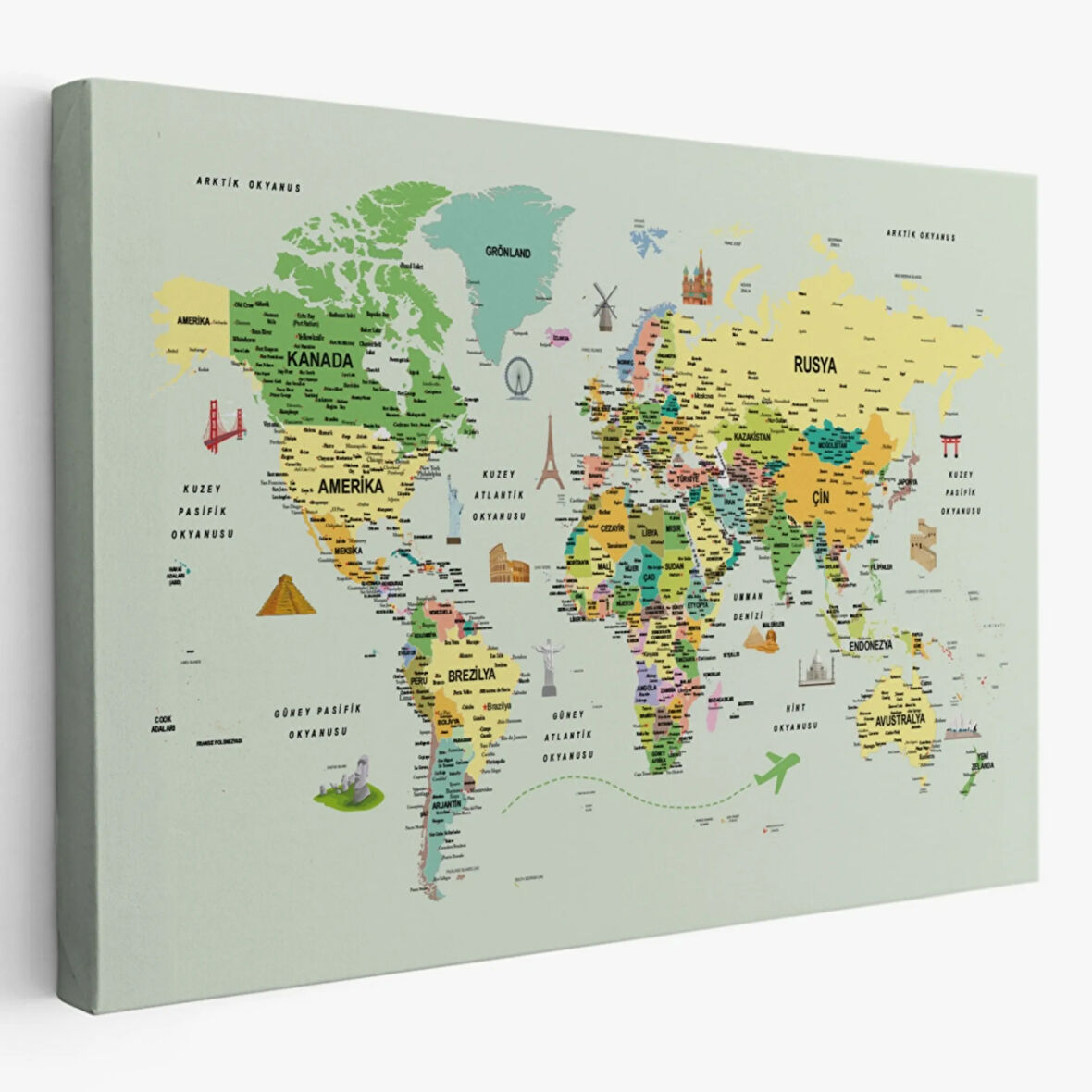 Ünlü Yerler ve Simgeleri Detaylı Türkçe Dünya Haritası Dekoratif Kanvas Tablo, Duvar Dekoru 1741