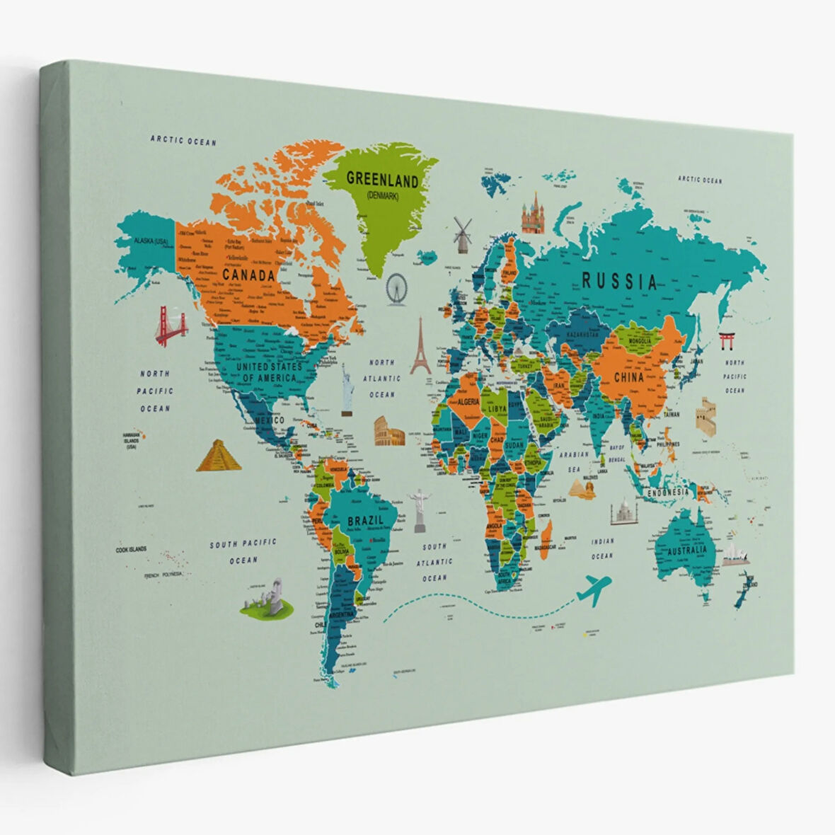 Ünlü Yerler ve Simgeleri Detay İngilizce Dünya Haritası Dekoratif Kanvas Tablo, Duvar Dekoru 1750